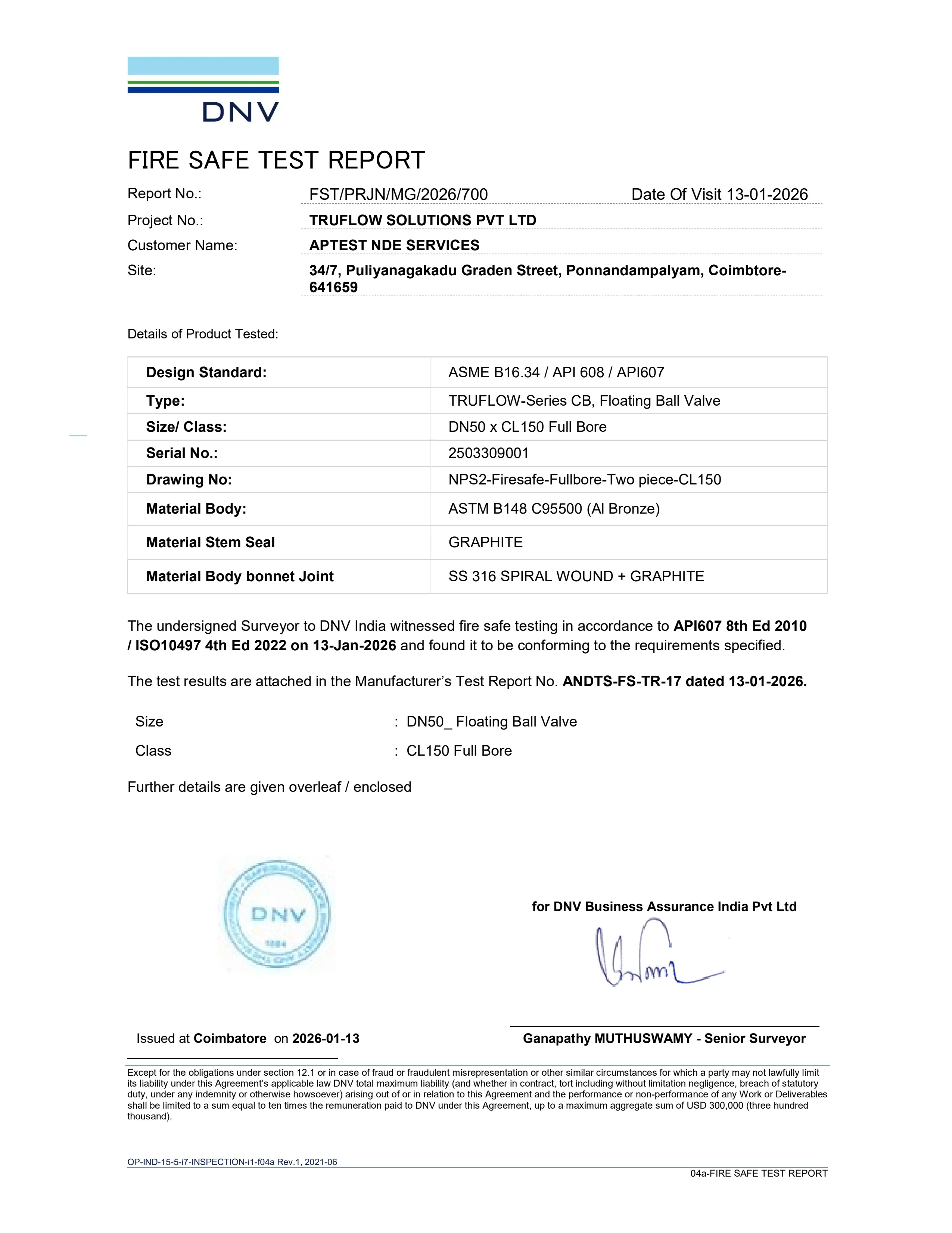 Fire Safe Test Certificate